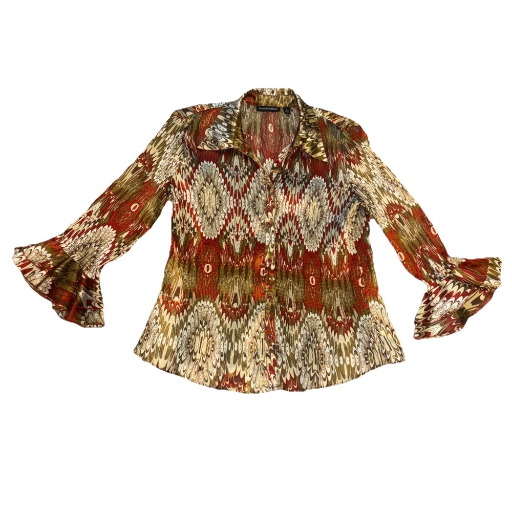 Essentials by Milano Top Sz M Bell 3/4‎ Sleeve Accordion Hem Button up Neutrals